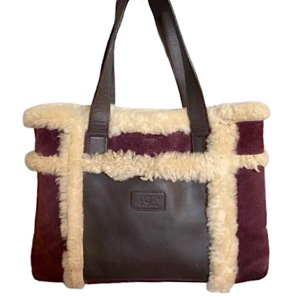 UGG Large Plum & Ivory Leather Shearling Sheepskin Tote Bag MINT CONDITION